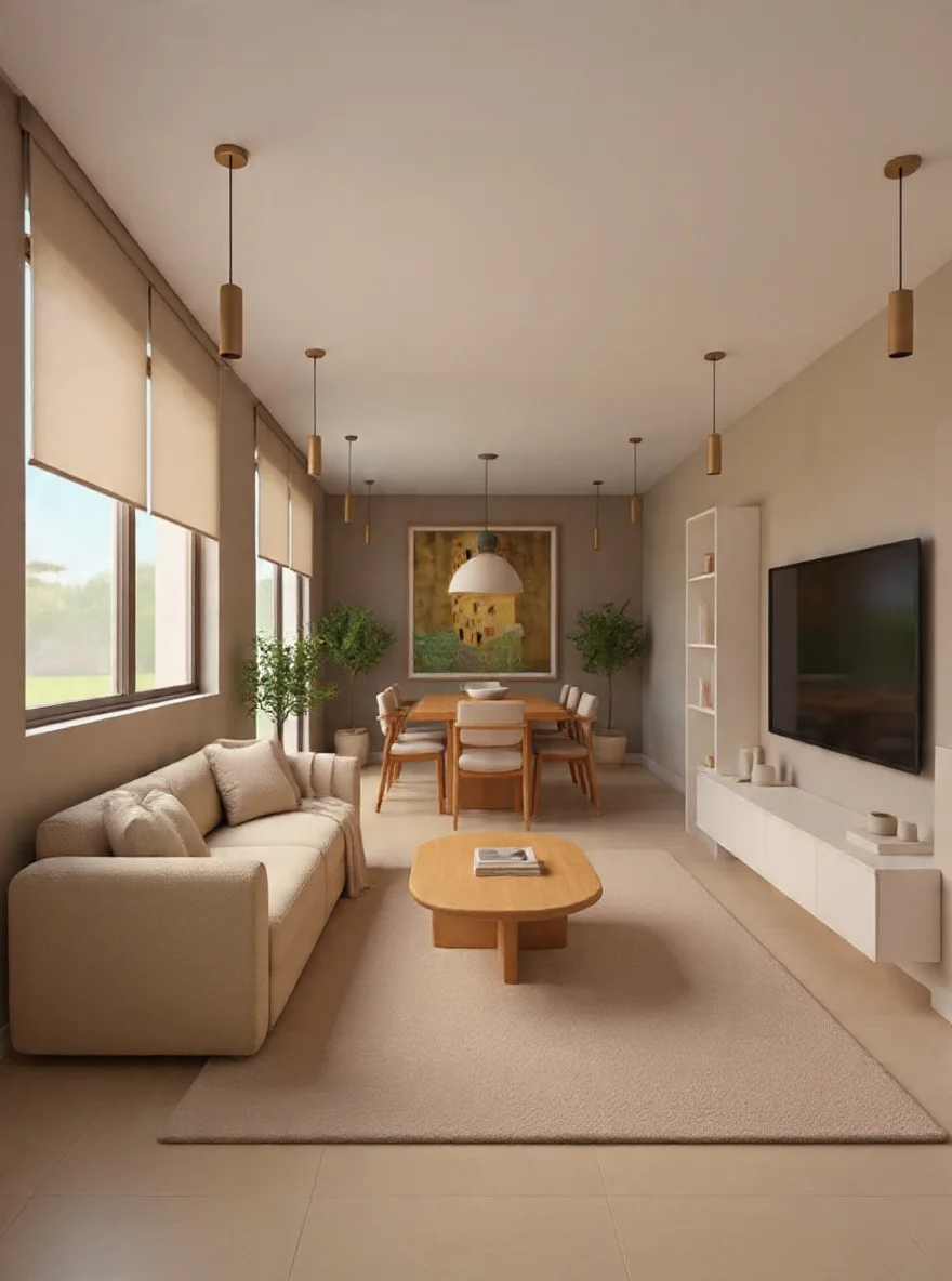 Sala y comedor residencial terminados con iluminación colgante y acabados cálidos
